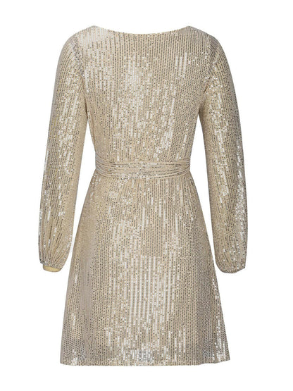 Sequin Tie Waist Long Sleeve Mini Dress