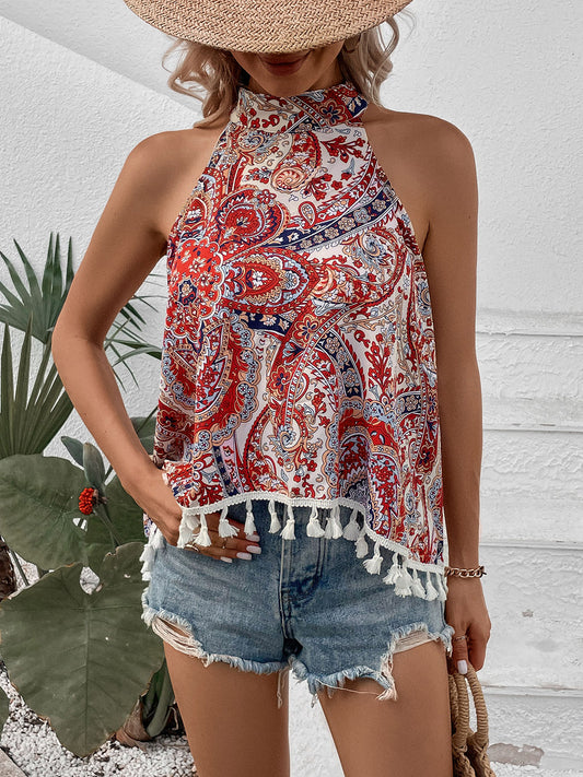 Tassel Printed Grecian Neck Tank