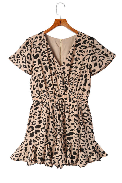 Leopard Flutter Sleeve Ruffle Hem Romper