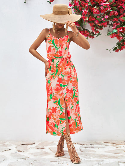 Printed Spaghetti Strap Front Slit Dress