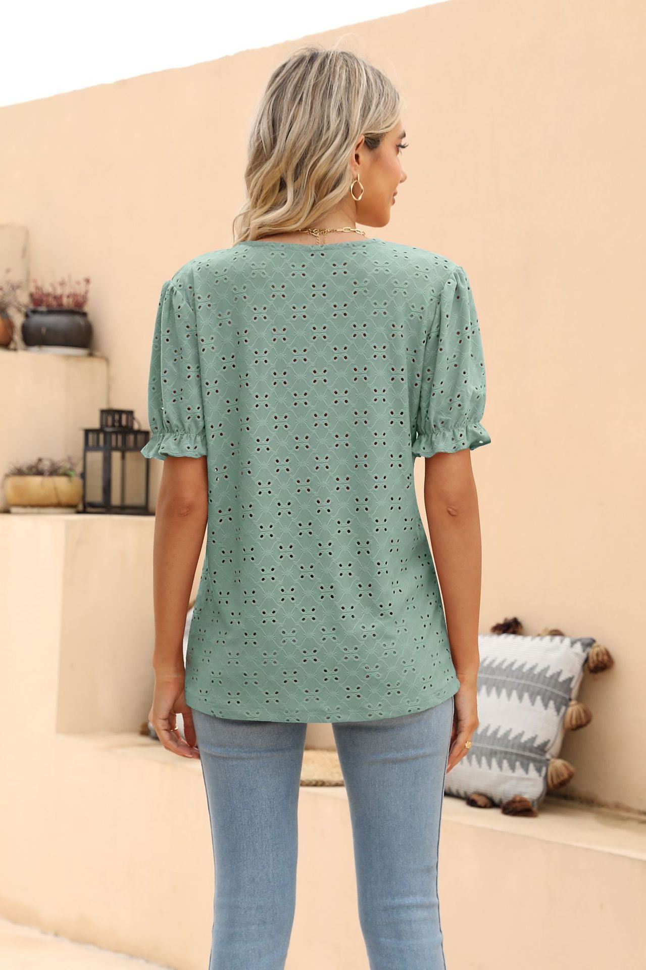 Openwork Round Neck Flounce Sleeve T-Shirt