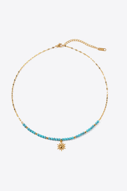 Turquoise Beaded 18K Gold-Pleated Sun Shape Pendant Necklace