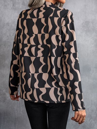 Printed Notched Long Sleeve Blouse