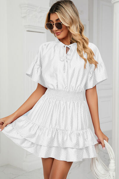 Smocked Tie Neck Flounce Sleeve Dress