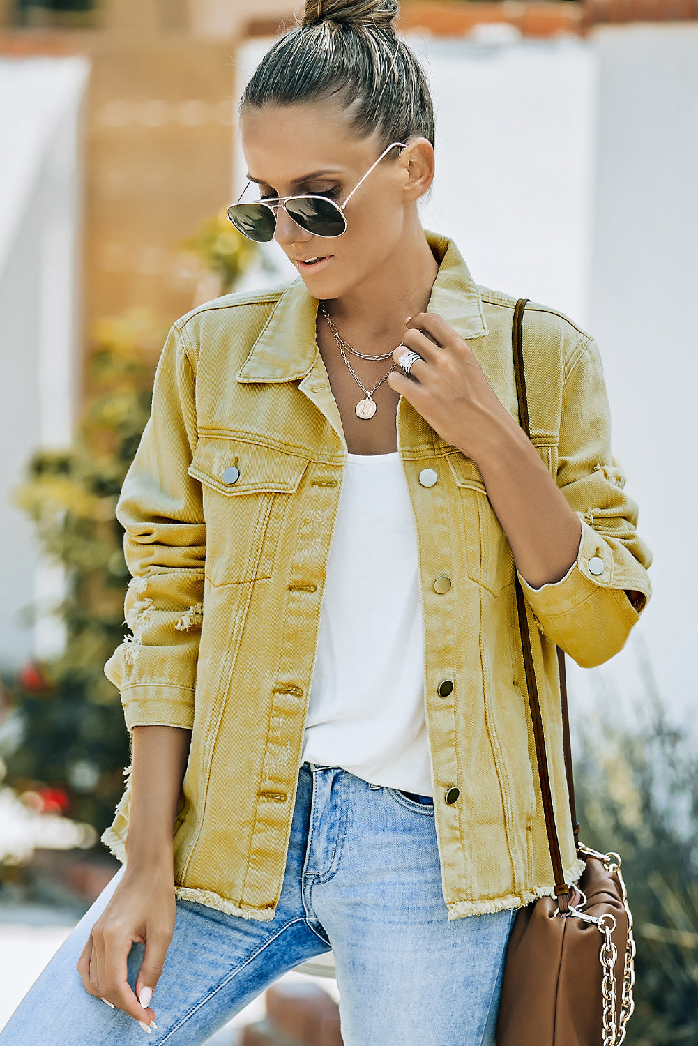 Distressed Raw Hem Denim Jacket