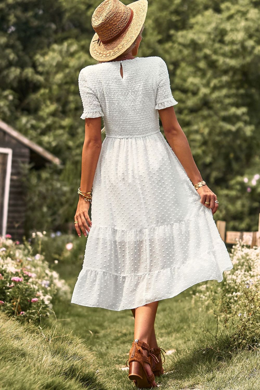 Swiss Dot Smocked Round Neck Short Sleeve Midi Dress