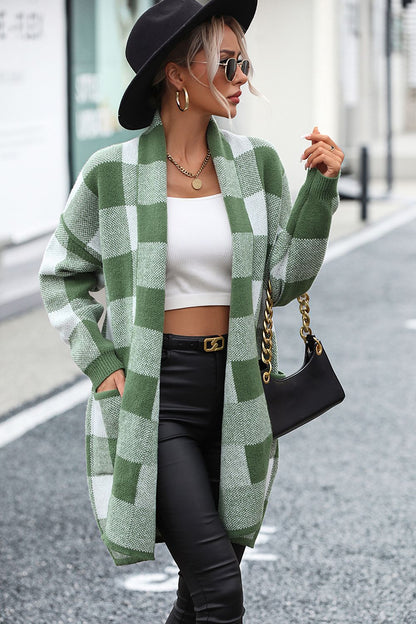 Plaid Dropped Shoulder Cardigan with Pocket