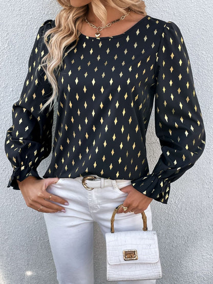 Printed Round Neck Flounce Sleeve Blouse