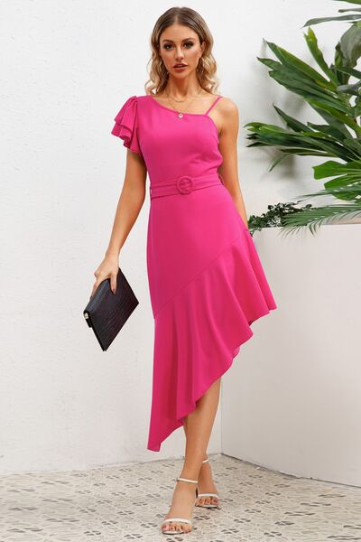 Ruffled Asymmetrical Neck Flutter Sleeve Dress