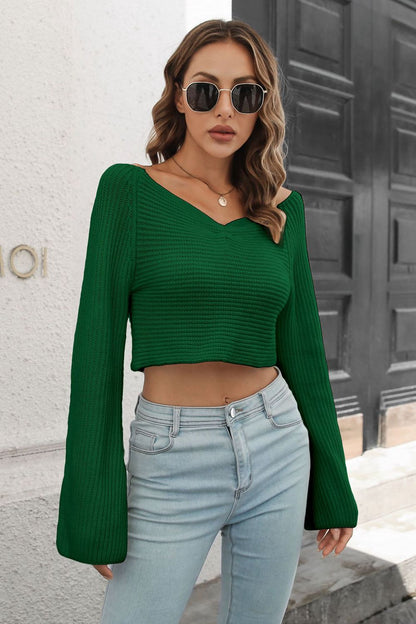 Cropped V-Neck Flare Sleeve Knit Top