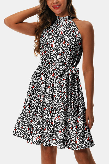 Printed Tie Waist Frill Trim Dress