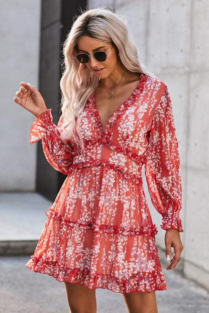 Floral Frill Trim Plunge Flounce Sleeve Dress