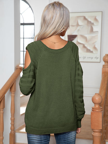 Decorative Button Cold-Shoulder Sweater