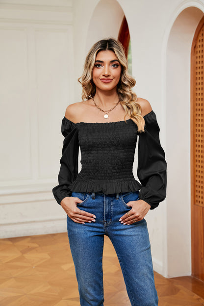 Smocked Off-Shoulder Ruffle Hem Blouse