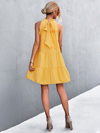 Tie Back Mock Neck Tiered Dress