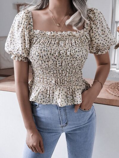 Frill Smocked Square Neck Short Sleeve Blouse