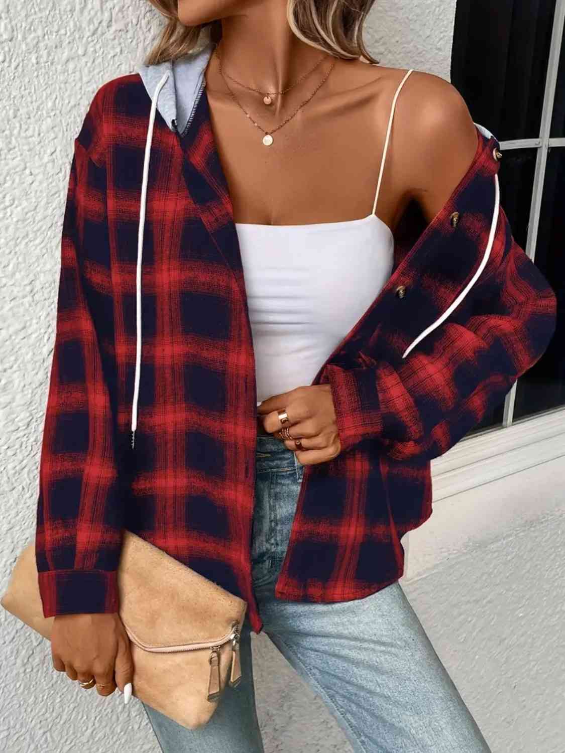 Plaid Drawstring Button Up Hooded Jacket