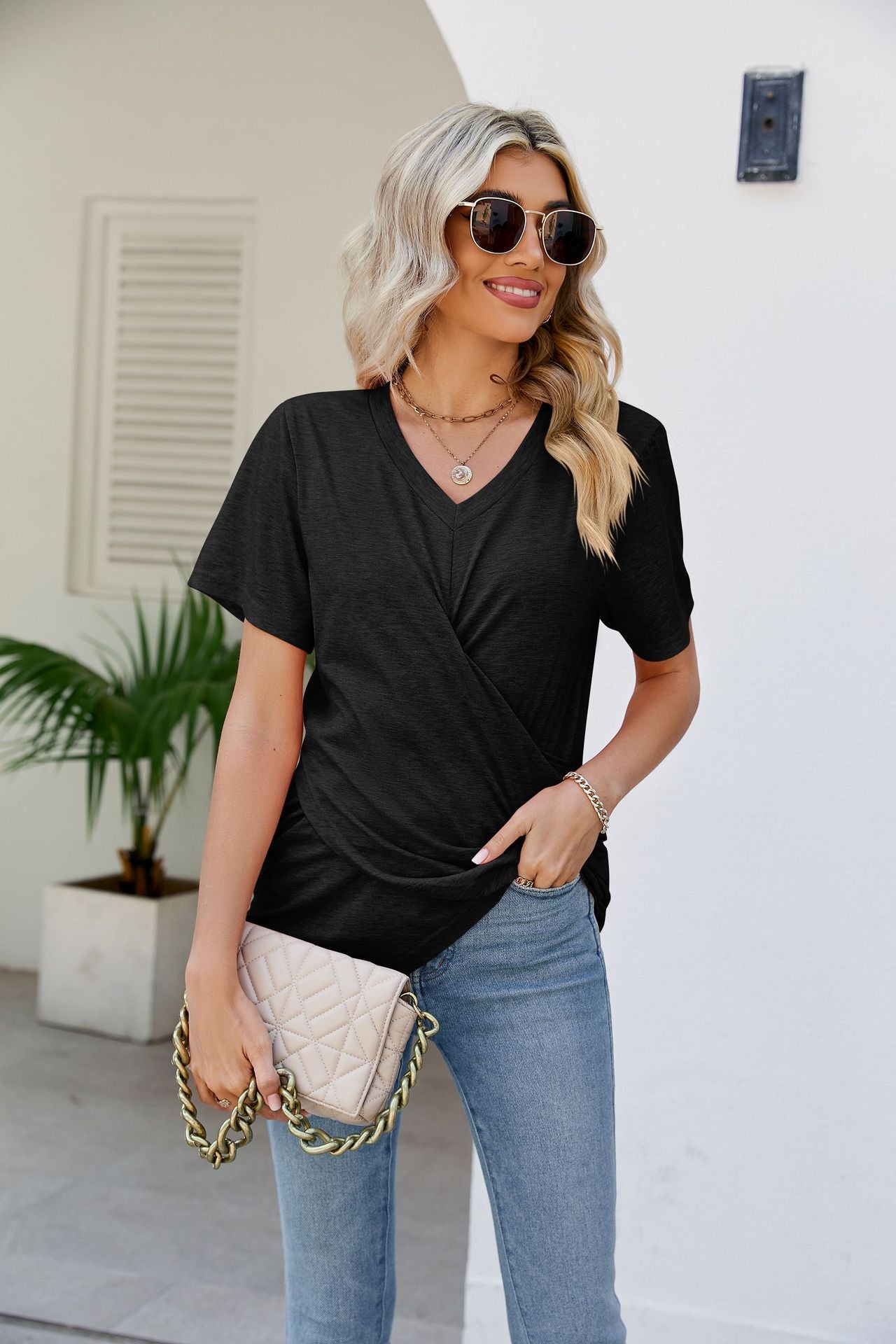 V-Neck Crisscross Short Sleeve Tee