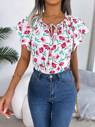 Floral Tie Neck Flutter Sleeve Blouse