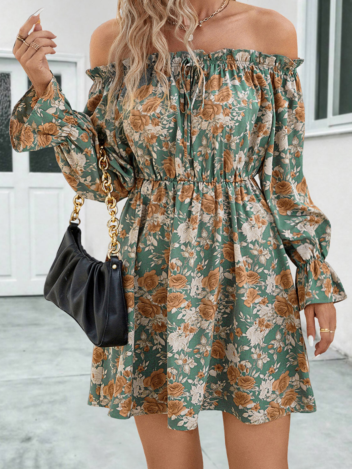 Floral Off-Shoulder Flounce Sleeve Dress