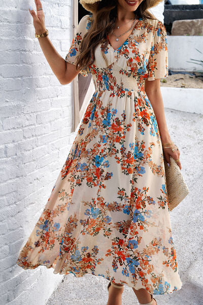 Smocked Floral V-Neck Short Sleeve Dress