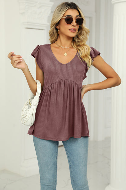 V-Neck Flutter Sleeve Babydoll Blouse