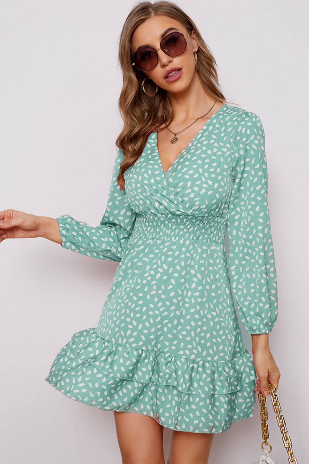 Printed Surplice Neck Puff Sleeve Ruffle Hem Dress