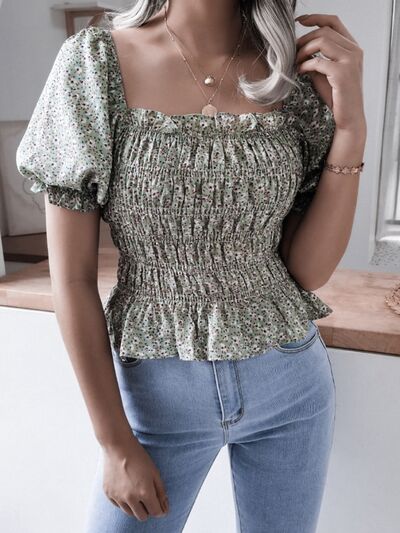 Frill Smocked Square Neck Short Sleeve Blouse