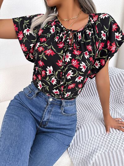 Floral Tie Neck Flutter Sleeve Blouse