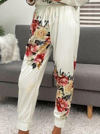 Printed Round Neck Top and Drawstring Pants Lounge Set