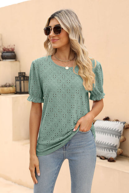 Openwork Round Neck Flounce Sleeve T-Shirt