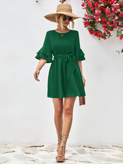 Round Neck Tie Belt Flounce Sleeve Dress