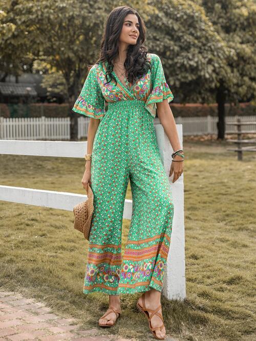 Floral Surplice Flutter Sleeve Jumpsuit