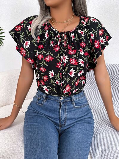 Floral Tie Neck Flutter Sleeve Blouse