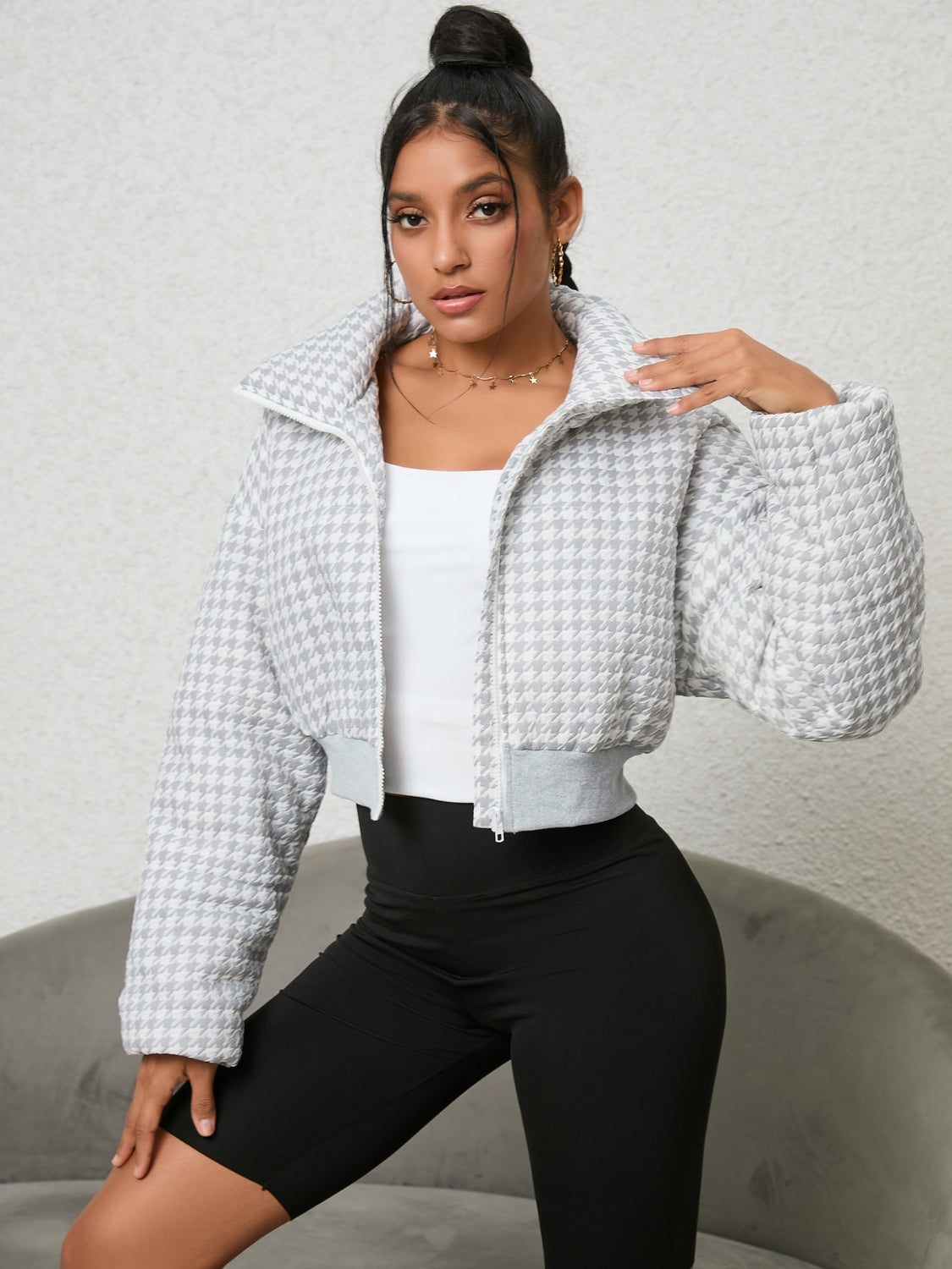 Houndstooth Zip-Up Jacket