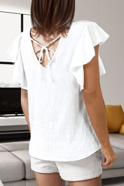 Tied V-Neck Ruffled Cap Sleeve Blouse