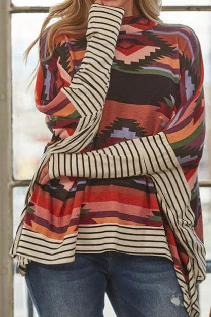 Geometric Striped Splicing Round Neck Blouse