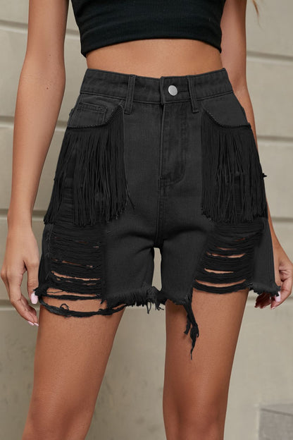 Fringe Trim Distressed Denim Shorts with Pockets