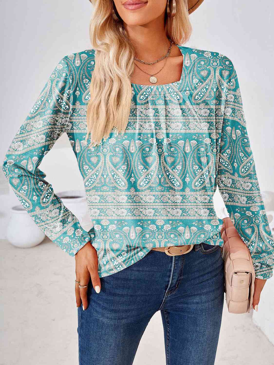 Full Size Square Neck Long Sleeve Blouse