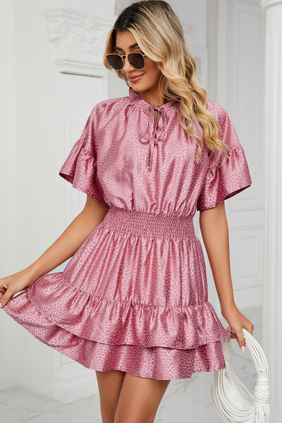 Smocked Tie Neck Flounce Sleeve Dress