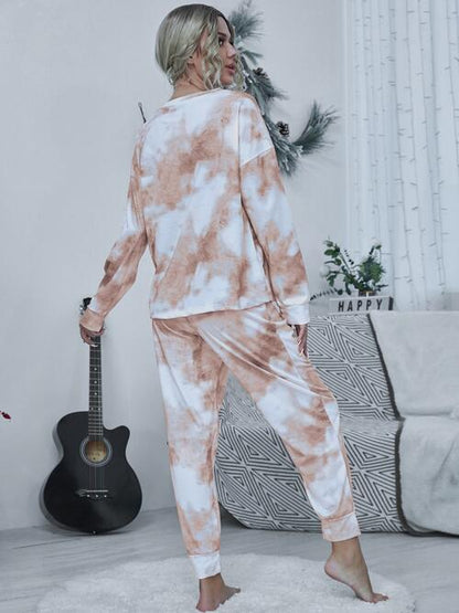 Tie-dye Round Neck Top and Drawstring Pants Lounge Set