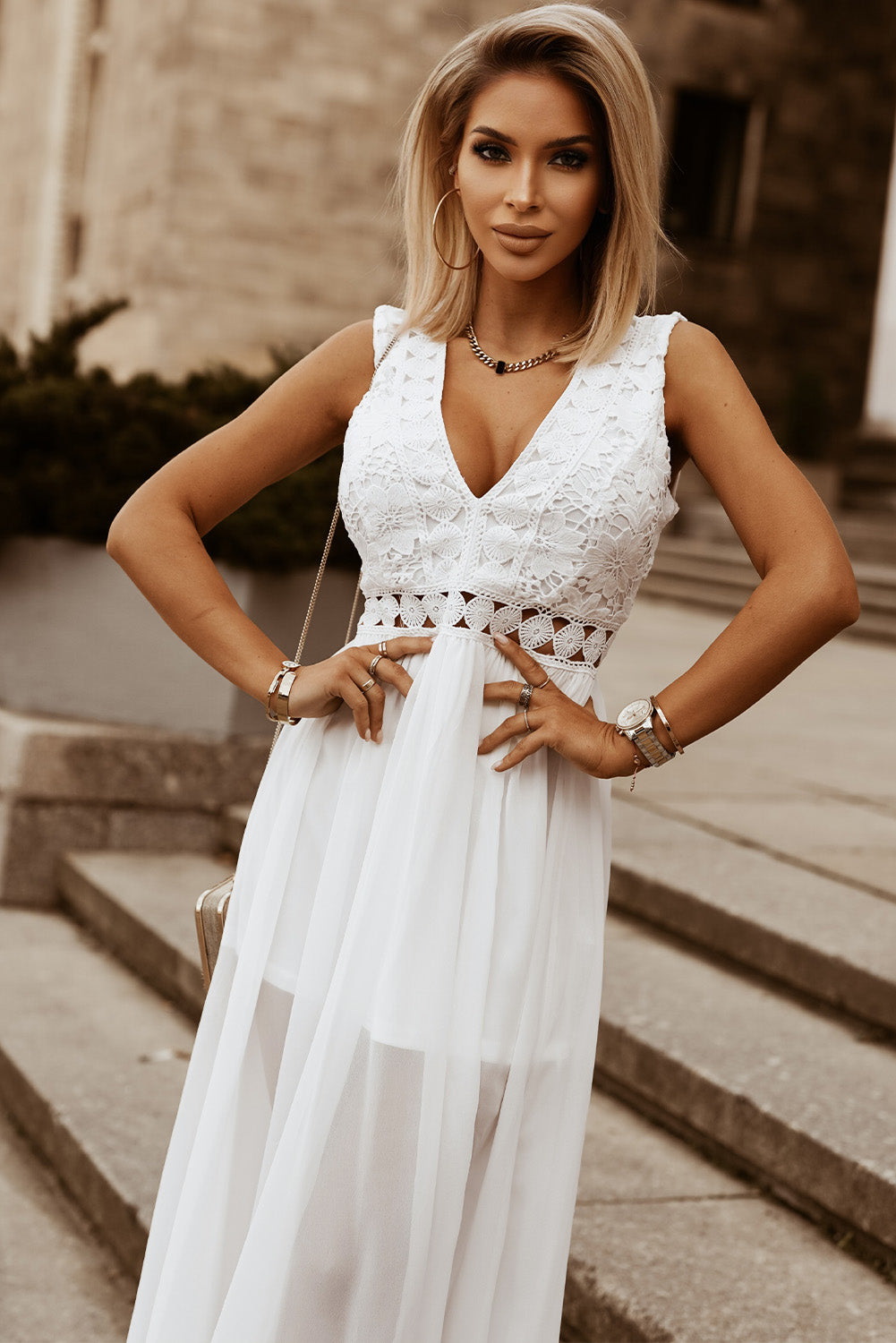 Slit Lace Detail V-Neck Dress