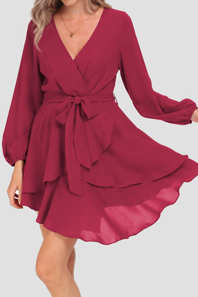 Tied Surplice Balloon Sleeve Layered Dress