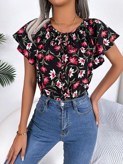 Floral Tie Neck Flutter Sleeve Blouse