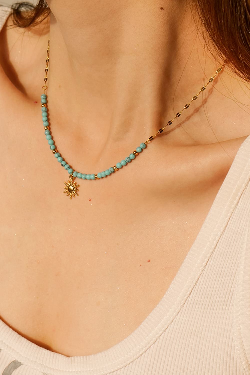 Turquoise Beaded 18K Gold-Pleated Sun Shape Pendant Necklace