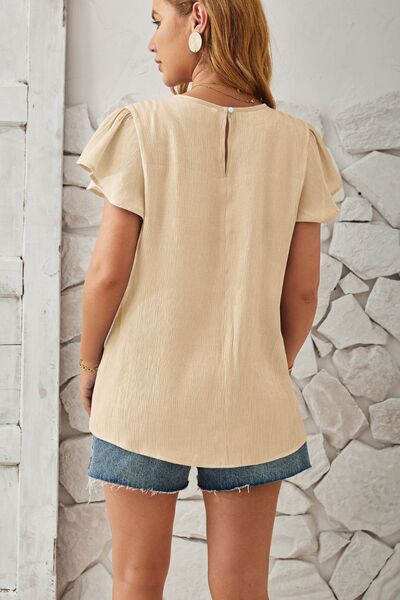 Round Neck Keyhole Cap Sleeve T-Shirt