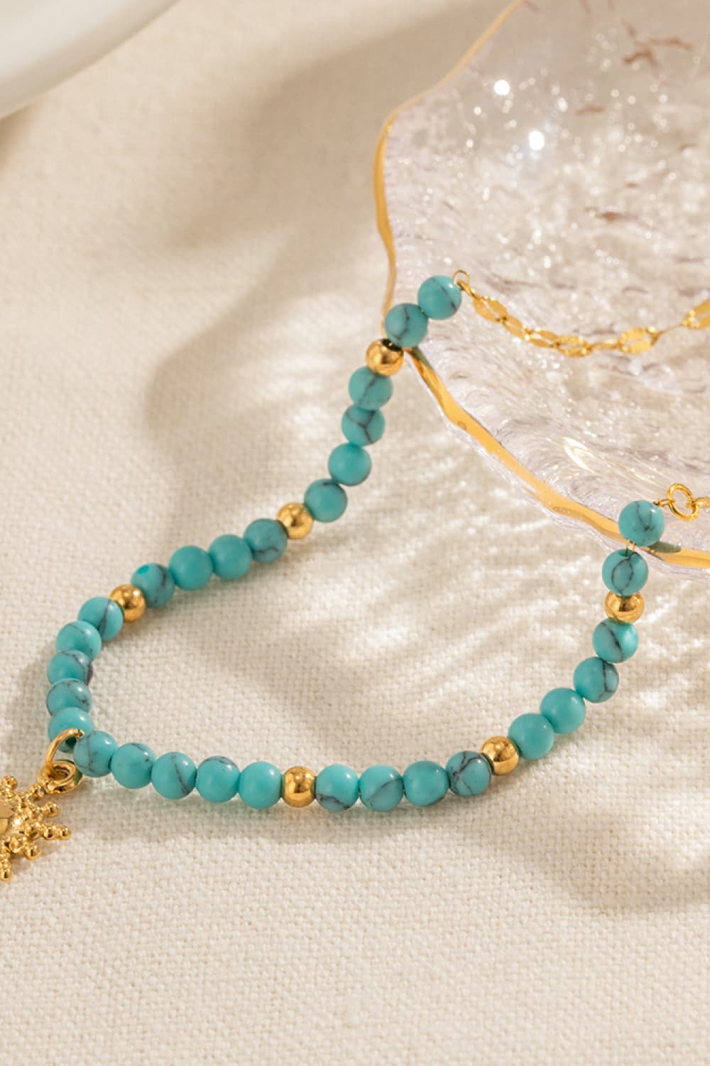 Turquoise Beaded 18K Gold-Pleated Sun Shape Pendant Necklace