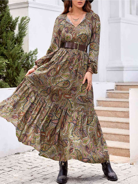 Printed Tie Neck Ruffle Hem Long Sleeve Dress