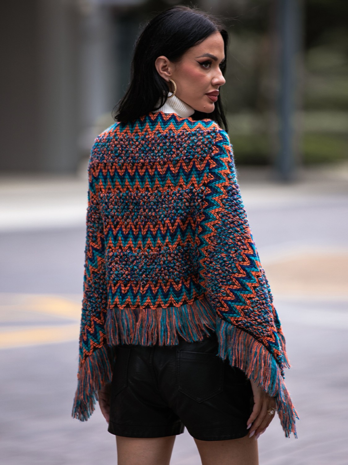 Fringe Hem Boat Neck Poncho