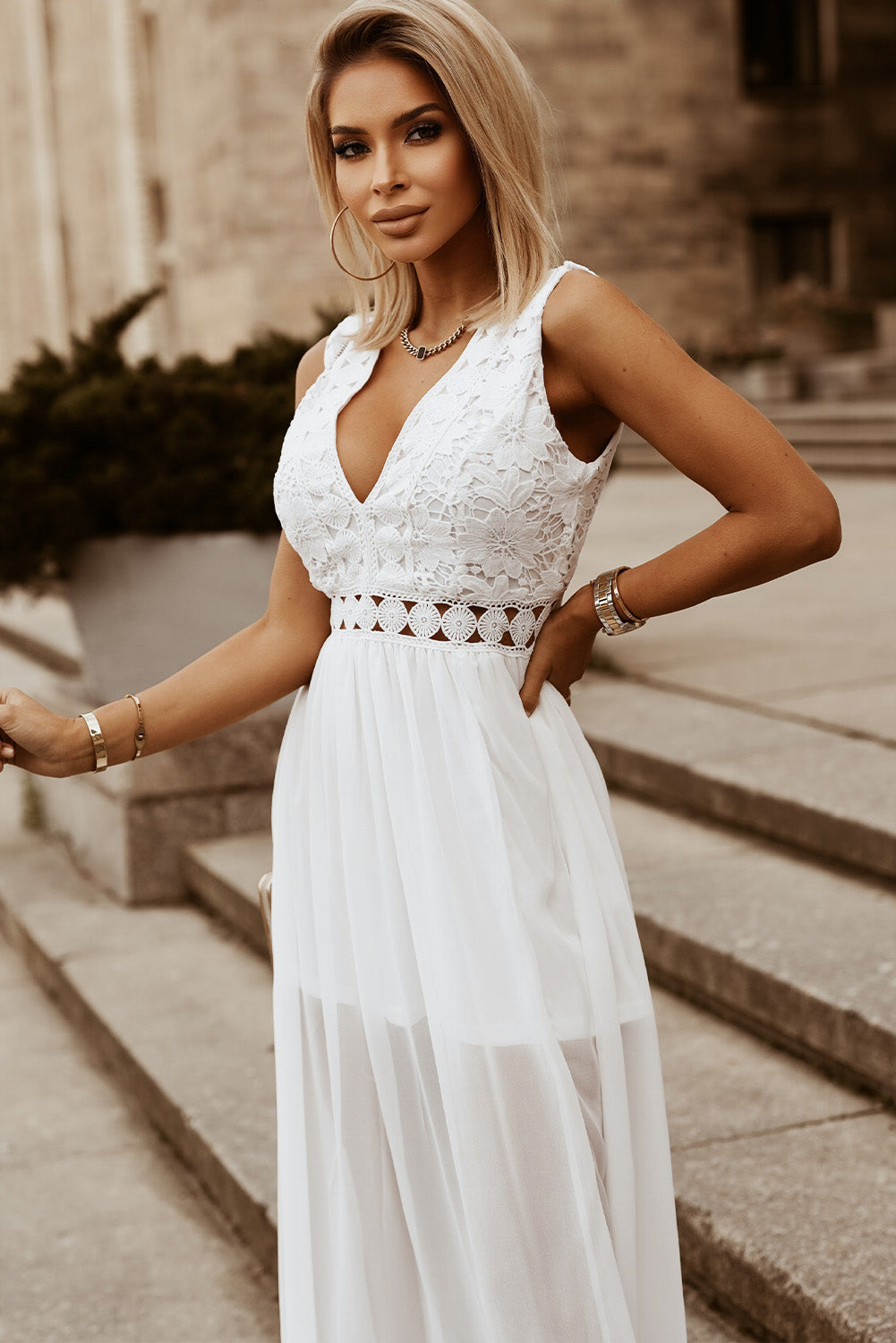 Slit Lace Detail V-Neck Dress